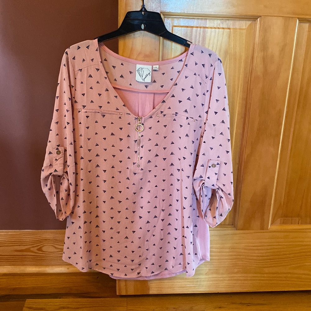 Top, size M, pink with navy triangles design
